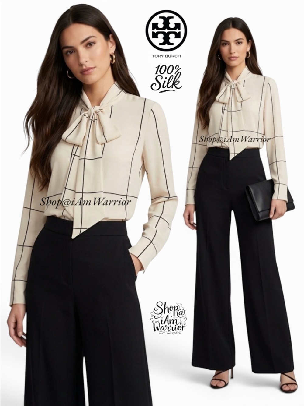 Tory Burch windowpane tie neck bow silk blouse *shop@iamwarrior